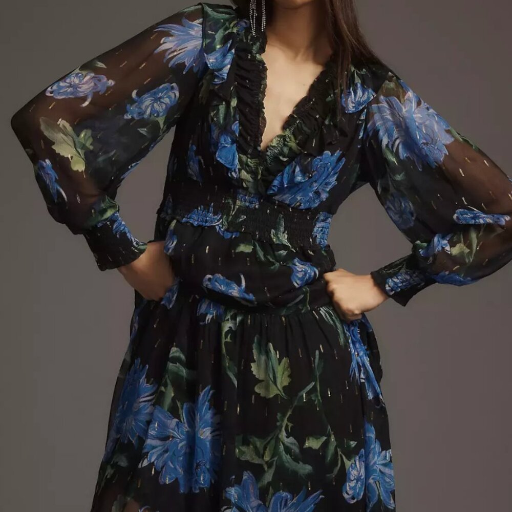 Anthropologie The Odetta Ruffled V-Neck Dress Womens Womens Size Large